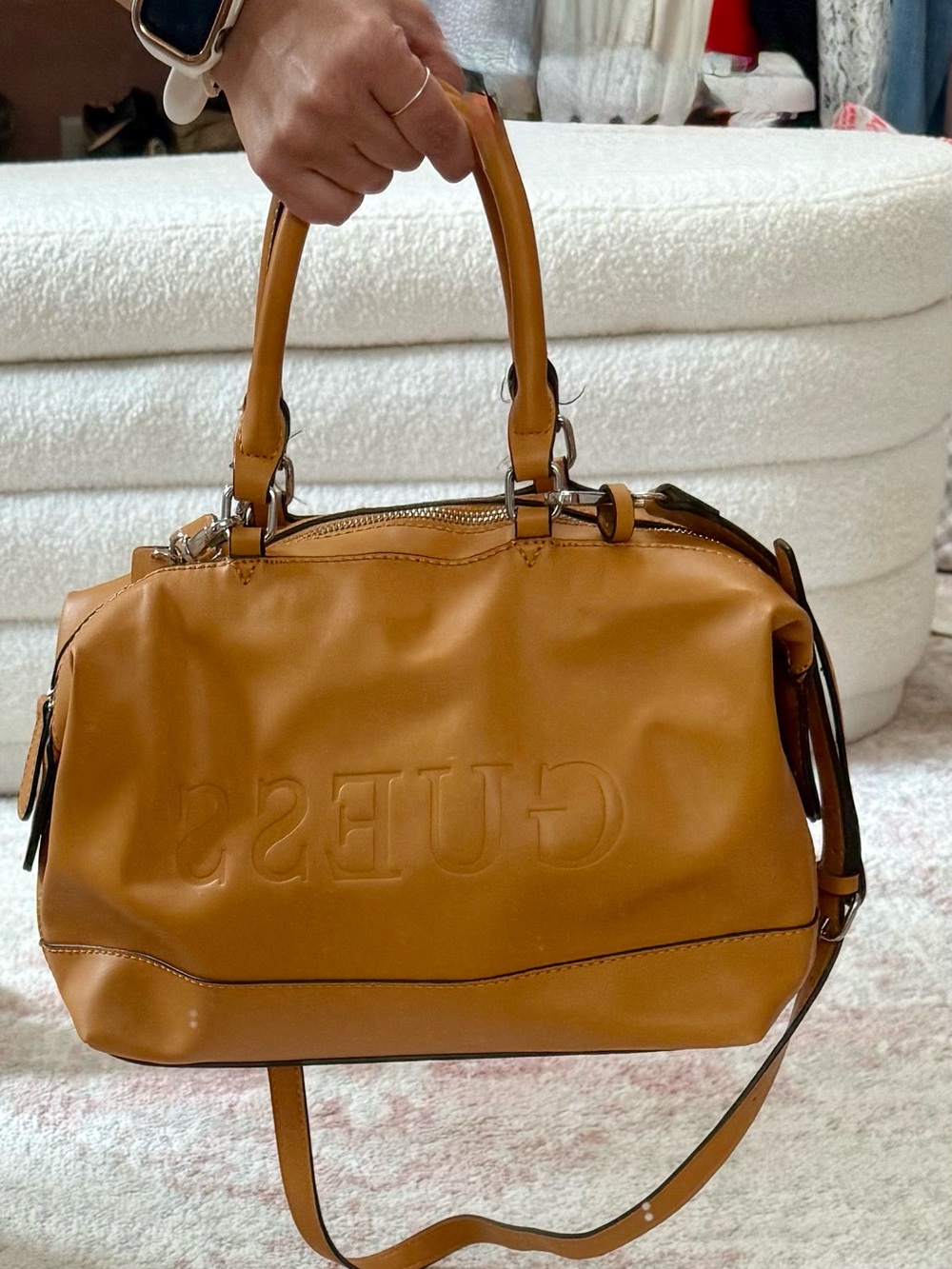 GUESS Cognac Leather Satchel with Embossed Logo